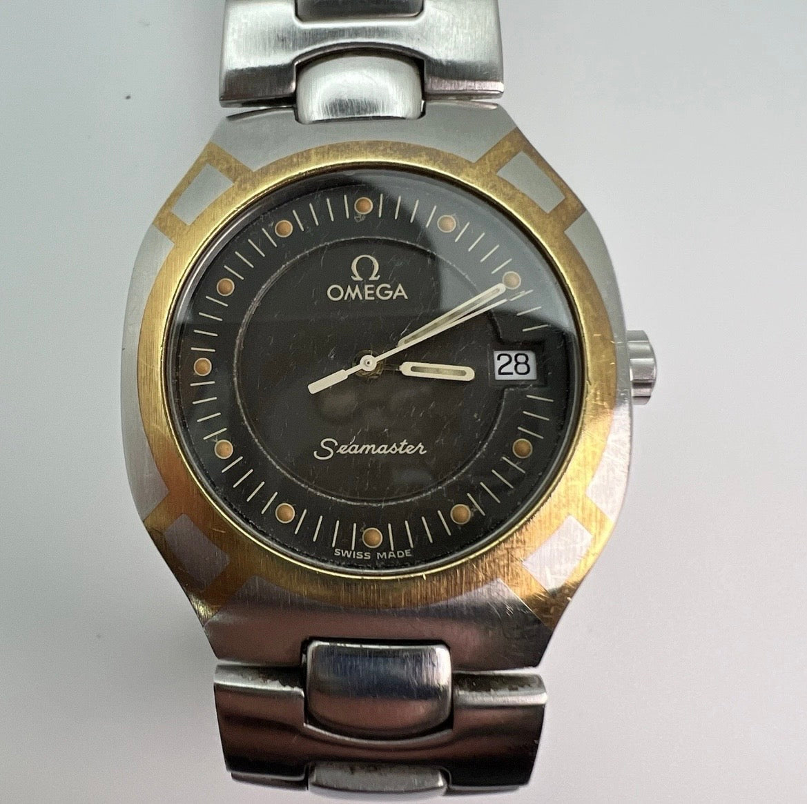 Omega Seamaster Polaris Steel Gold Case Gray Dial Quartz Date Watch